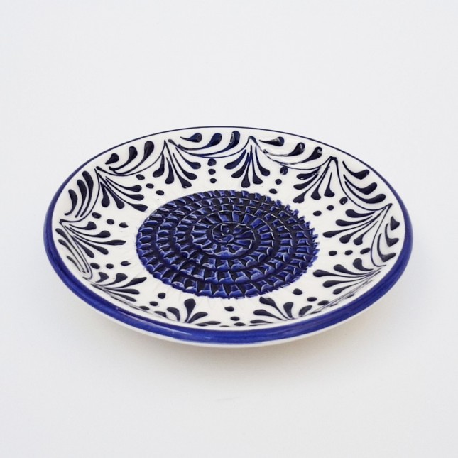 White Plate with Blue Circle and Rim Olive. Handmade and Hand Painted in Cordoba Garlic Grater Plate. #Ref 20 Spain 